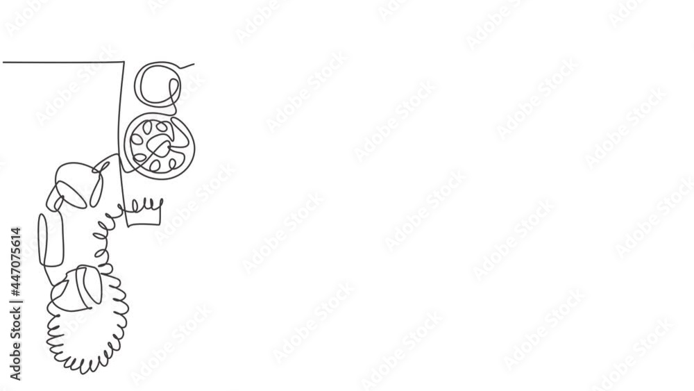Poster animated self drawing of one continuous line draw old vintage analog wall telephone to communicate. 