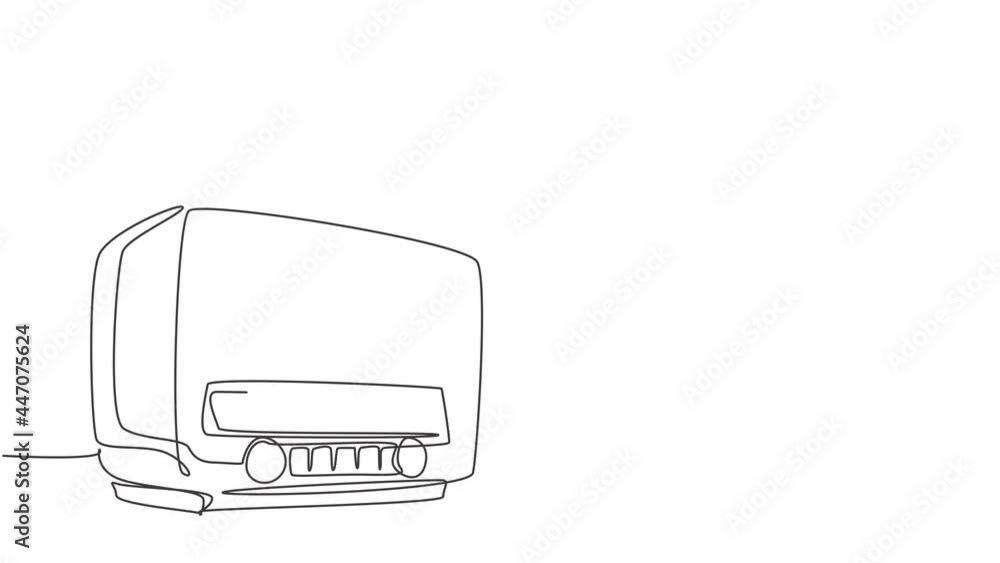 Poster animated self drawing of one continuous line draw retro old fashioned analog radio. classic vintage 