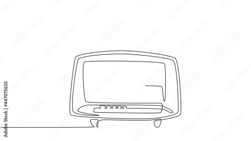 Poster animated self drawing of single continuous line draw retro old fashioned analog radio. classic vinta