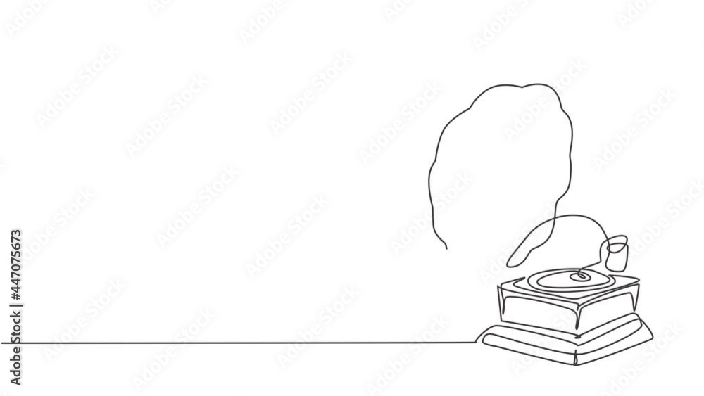 Poster animated self drawing of single continuous line draw old retro analog vinyl gramophone with circle w