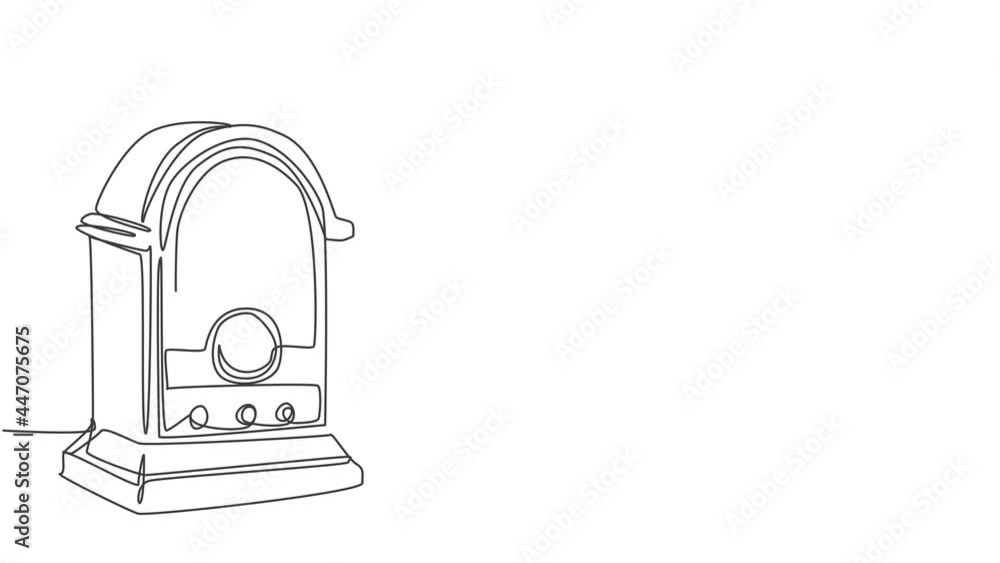 Poster animated self drawing of single continuous line draw retro old fashioned analog desk radio. classic 