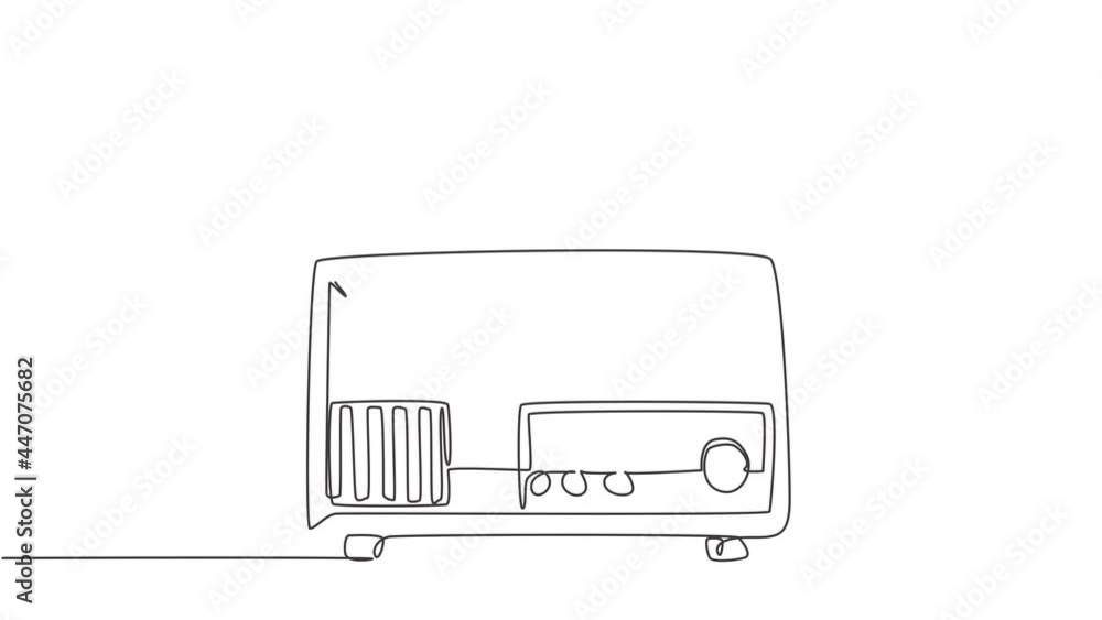 Poster animated self drawing of single continuous line draw retro old fashioned analog radio. classic vinta
