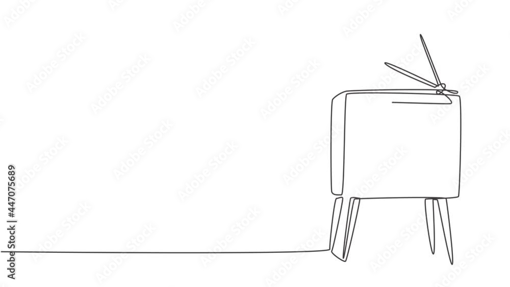 Aufkleber animated self drawing of one continuous line draw retro old fashioned tv with wooden table and table