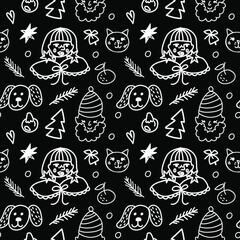 Seamless vector Christmas pattern with white line on black background in doodle style.Festive classic print minimalism hand drawn.Designs for fabric,textiles,wrapping paper,packaging,scrapbooking