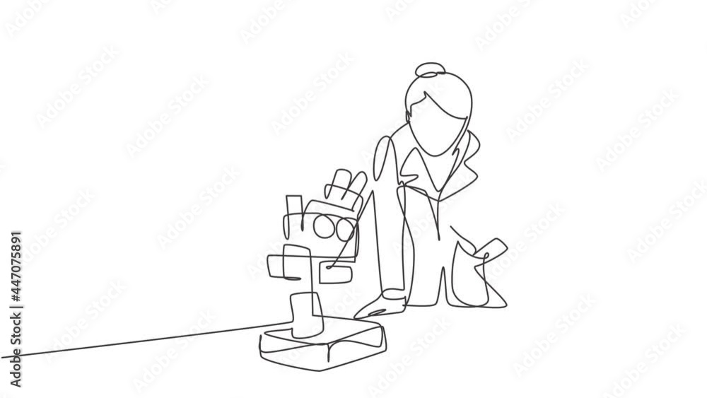 Aufkleber animated self drawing of one continuous line draw scientist analyze blood sample using microscope to