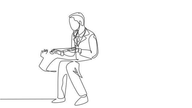 Animated self drawing of continuous line draw obstetrics gynecology doctor checking young pregnant mom who laying in sofa. Pregnancy health care treatment concept. Full length single line animation.