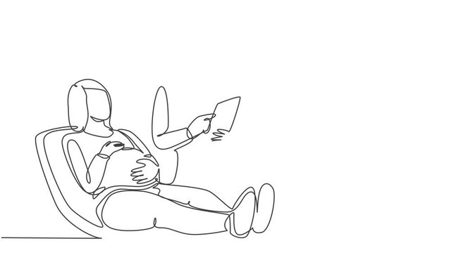 Self drawing animation of single line draw female obstetrics gynecology doctor talking to patient and explain womb condition. Pregnant health care concept continuous line draw. Full length animated.
