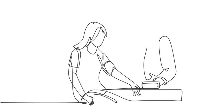 Animated self drawing of single continuous line draw young male doctor examining woman patient pulse rate blood pressure using tensiometer. Medical treatment concept. Full length one line animation.