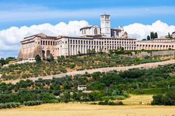 Assisi village in Umbria region, Italy. The most important Italian Basilica dedicated to St....