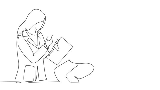 Animated self drawing of continuous single line draw female doctor examining patient who complain about condition of her stomach at hospital. Medical checkup concept. Full length one line animation.