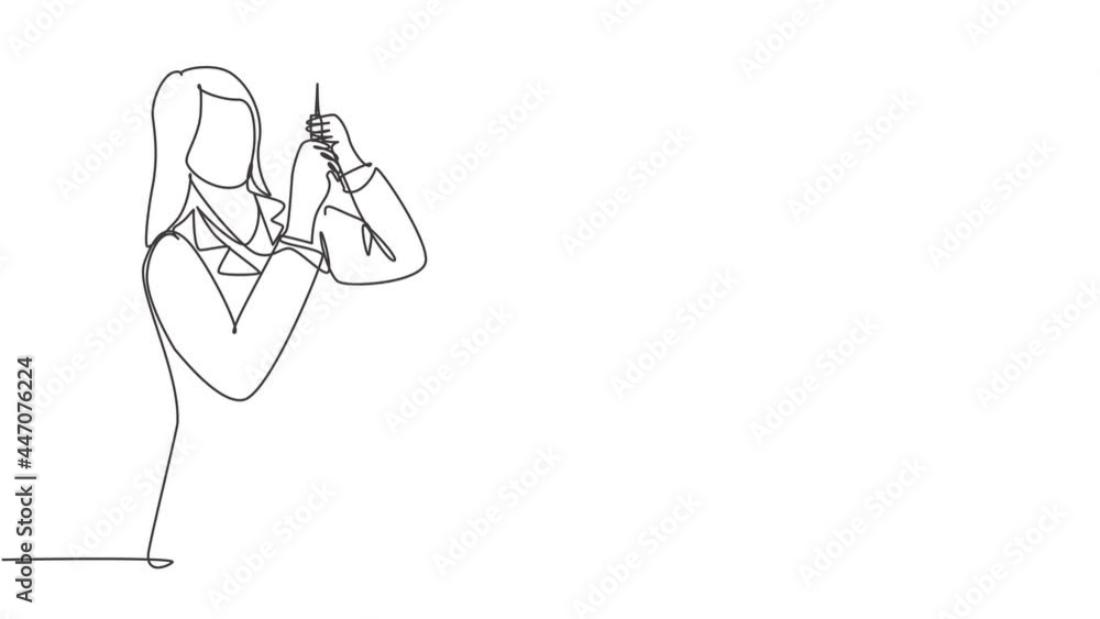 Aufkleber animated self drawing of continuous line draw female doctor testing syringe injection work properly 