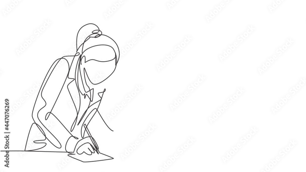 Poster animated self drawing of continuous line draw scientist researching antibiotic formula using microsc