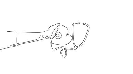 Self drawing animation of single line draw young doctor holding stethoscope heart shape decoration as symbol healthy heart beat. Medical health care concept continuous line draw. Full length animated.