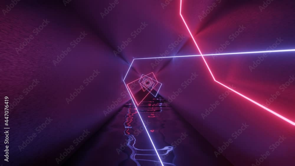 Aufkleber pink and violet neon glowing lights inside a metal tunnel 3d rendered animation. seamless loop motio