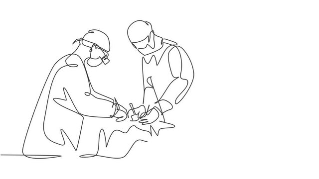 Animated self drawing of continuous single line draw group of team surgeon doctor doing surgery operation to patient with critical condition. Operating surgery concept. Full length one line animation.
