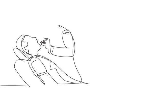 Animated self drawing of continuous line draw young male dentist examining patient teeth condition doing tooth filling. Medical health care service workers concept. Full length one line animation.