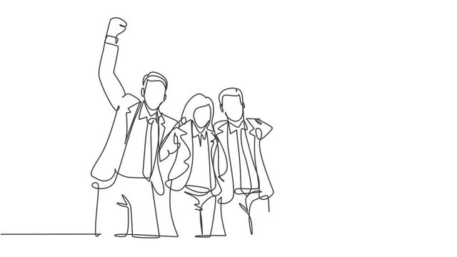 Animated self drawing of single continuous line draw young happy male and female managers celebrating their job promotion together. Business teamwork celebration concept. Full length one line animated
