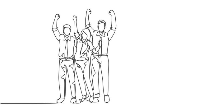 Self drawing animation of single line draw group of happy male and female workers jumping in the office room together. Business teamwork celebration concept continuous line draw. Full length animated.