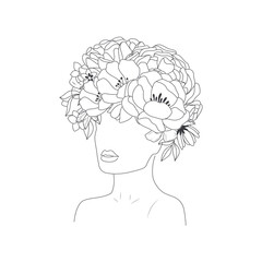 Minimal Line Drawing Woman Flower Images. Girl with flowers. Line Vector illustration. 