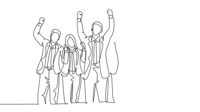 Animated self drawing of one continuous line draw young happy male and female workers line up neatly at meeting room together. Business teamwork celebration concept. Full length single line animation.
