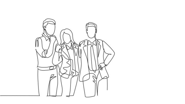 Animated self drawing of continuous line draw young happy male female executive managers line up neatly on office room together. Business teamwork celebration concept. Full length one line animation.