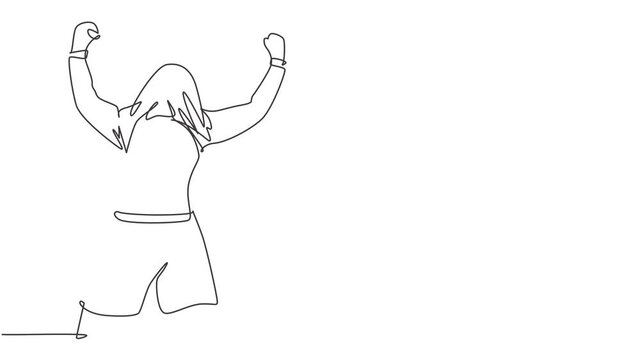 Self drawing animation of single line draw football player celebrating his goal scoring with covering his head with jersey on field. Goal celebration concept continuous line draw. Full length animated