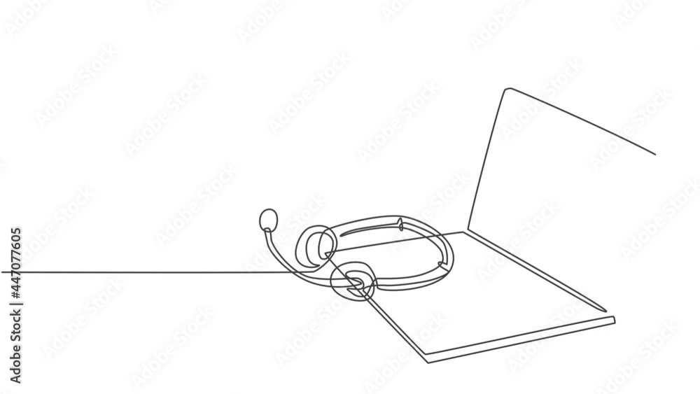 Poster self drawing animation of single line draw headphone with microphone laptop on work desk as call cen