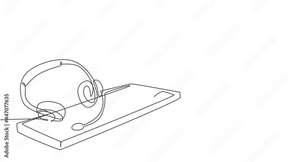 Aufkleber animation of one line drawing of headphone with microphone keyboard on work desk as customer service