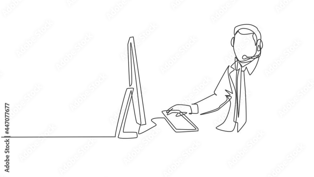 Poster animated self drawing of continuous line draw happy male call center worker giving thumbs up gesture