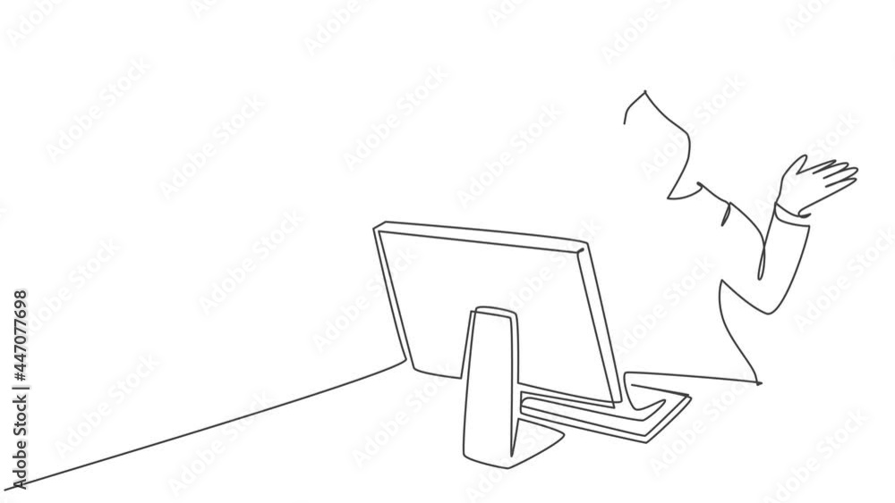 Poster animated self drawing of continuous line draw confused call center worker answering phone call from 