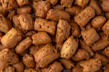 Wheat flour croutons with seeds. Beer snack.
