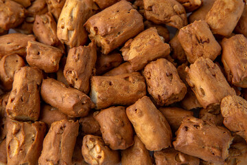 Wheat flour croutons with seeds. Beer snack.