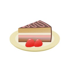 A slice of birthday cake with strawberries. Greeting card design element.