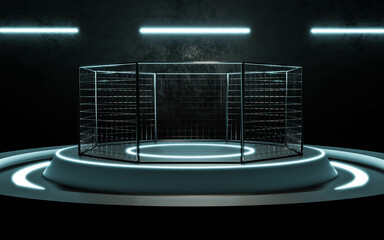 mixed martial arts cage in dark industrial concrete hall background and bright lighting 3d render illustration