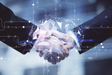 Double exposure of brain hologram and handshake of two men. Partnership in IT industry concept.