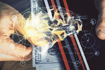 Multi exposure of brain drawing hologram and us dollars bills and man hands. Ai invest concept