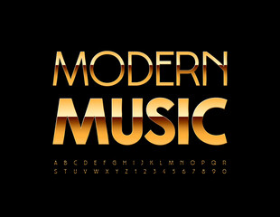 Vector chic flyer Modern Music. Gold elegant Font. Luxury set of Slim Alphabet Letters and Numbers