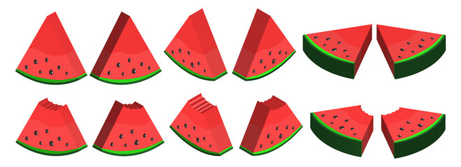 3d simple set of whole and bitten pieces of red watermelon with seeds