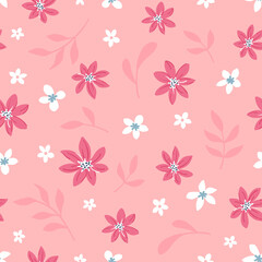 Fototapeta premium Soft bright little white and pink flowers and pink branches on a pink background. Seamless surface repeat vector pattern.