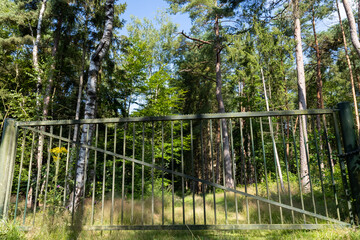 Closed gate on forest road with trees in background