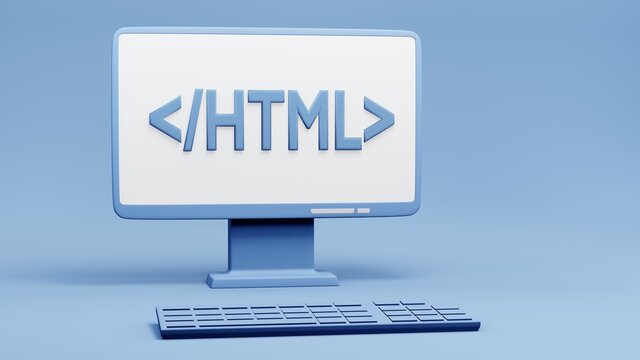 HTML coding concept, 
Web application development, front-end development, 
Desktop computer with HTML inscription on the screen