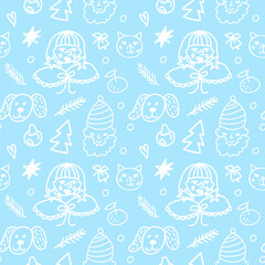 Christmas vector seamless pattern with white girls,dogs,tangerines,cats,leaves,santa claus,branches.Holiday print on blue isolated background in doodle hand drawn style.Design for wrapping paper.