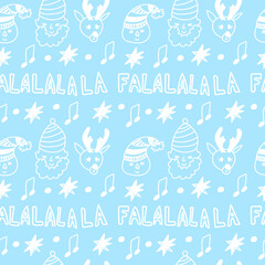 Christmas vector seamless pattern with white songs,deer,Santa Claus,notes.Holiday print on blue isolated background in doodle hand drawn style.Design for wrapping paper,textiles,packaging,social media