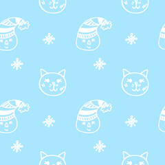 Christmas vector seamless pattern with white snowman,snowflake,cat.Holiday print on blue isolated background in doodle hand drawn style.Design for wrapping paper,textiles,packaging,social media.