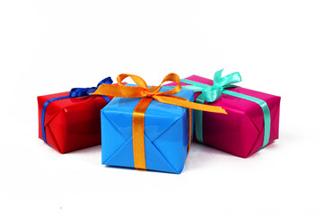 three new year christmas gift boxes isolated on white background,