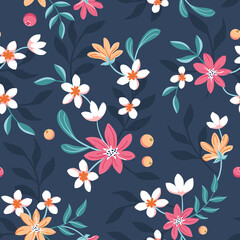 Beautiful pink, orange and white flowers and leaf branches on a dark blue background. Seamless repeated surface vector pattern design.