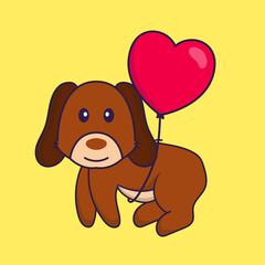 Cute dog flying with love shaped balloons.