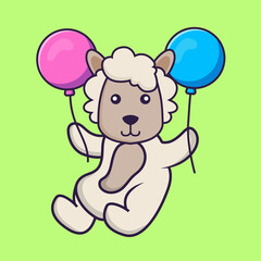 Fototapeta premium Cute sheep flying with two balloons.