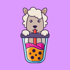 Fototapeta premium Cute sheep Drinking Boba milk tea.