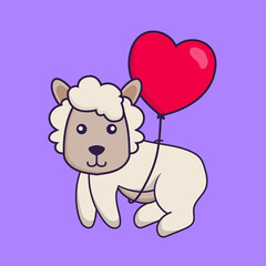 Cute sheep flying with love shaped balloons.
